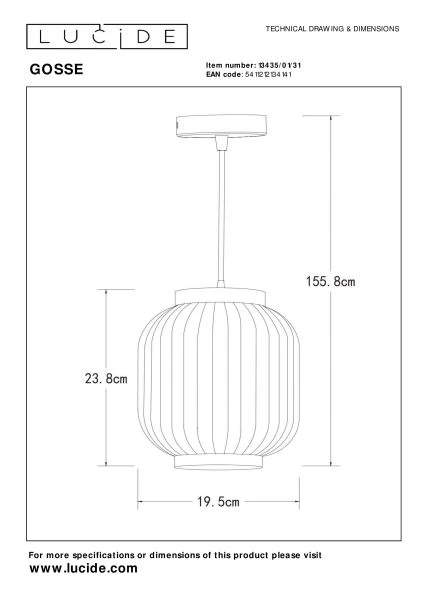 Lucide GOSSE - Suspension - Ø 19,5 cm - 1xE27 - Blanc - technique